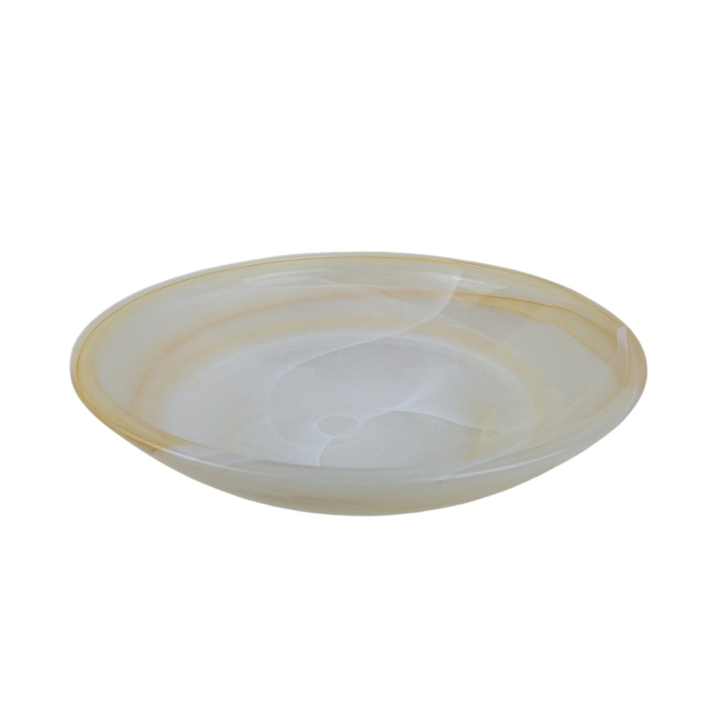 Hand Blown Alabaster Swirl Glass Bowl Amber White Centerpiece 13.5 Inch
